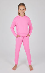 Girls bright pink terry brushed hoodie and jogger set with ribbed cuffs and hem.