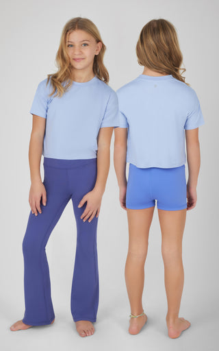 Girls 3 PC Short Sleeve Tee + Interlock Crossover Short + Flared Leg Pant Set