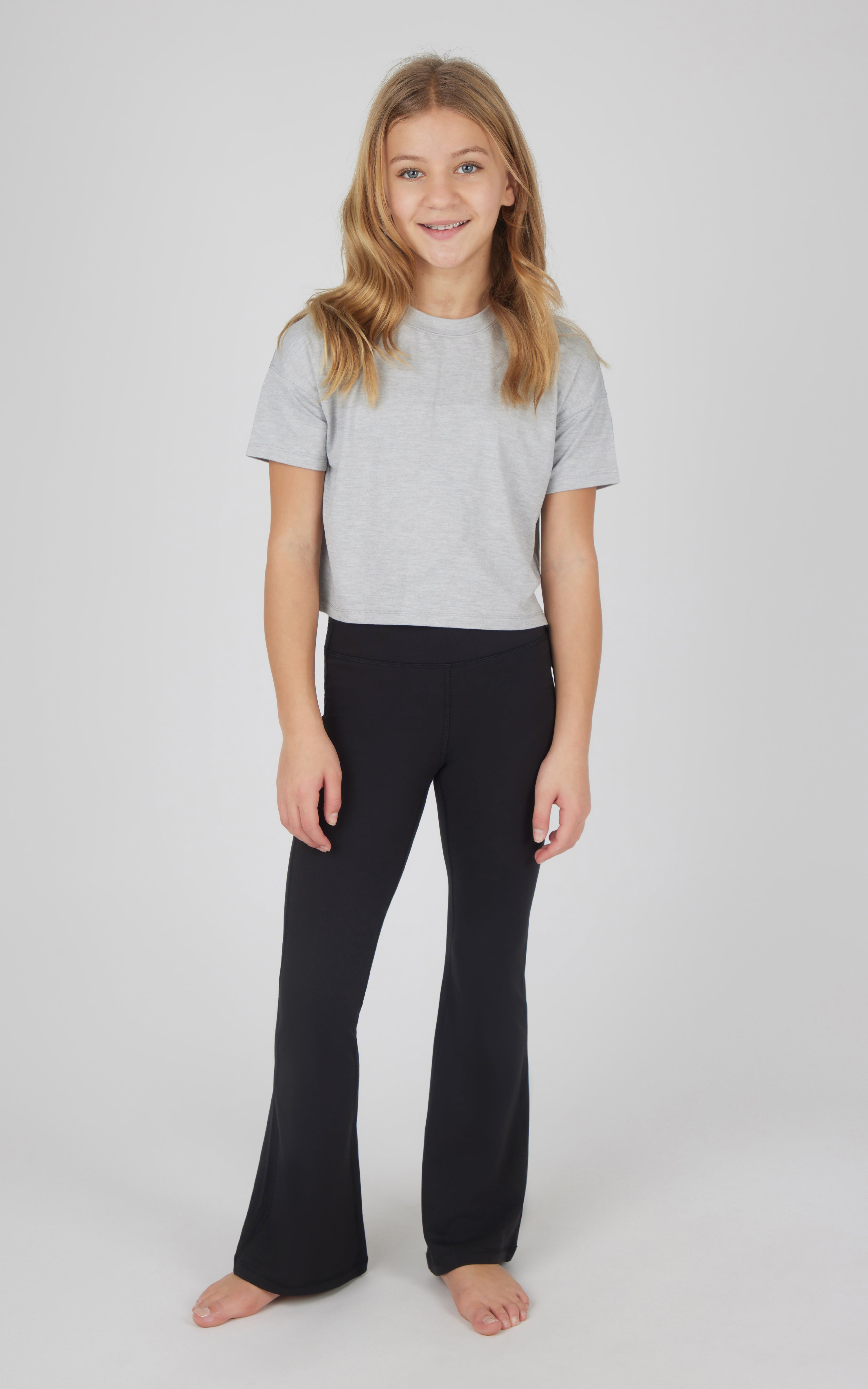 Girls 3 PC Short Sleeve Tee + Interlock Crossover Short + Flared Leg Pant Set