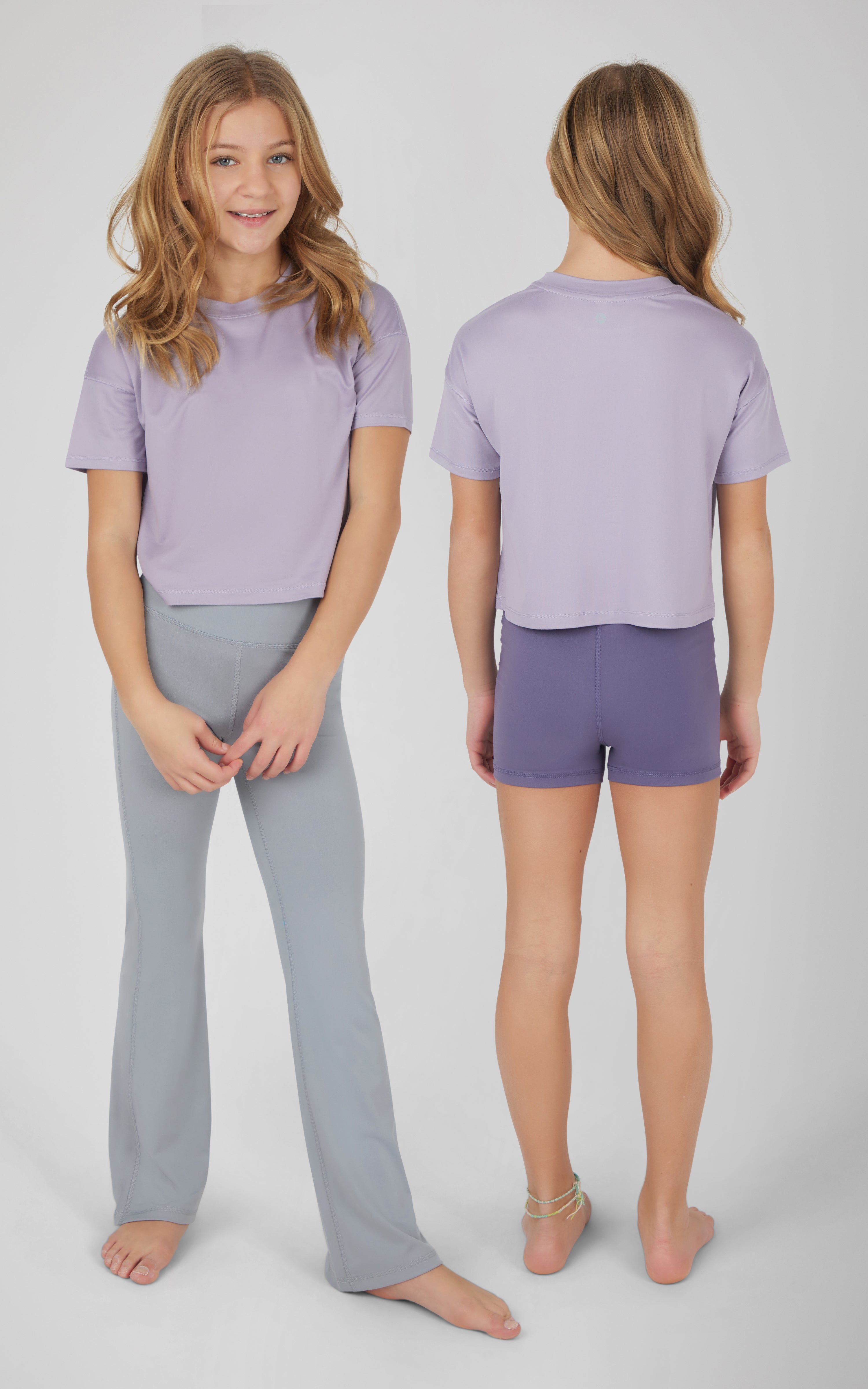 Girls 3 PC Short Sleeve Tee + Interlock Crossover Short + Flared Leg Pant Set