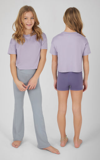 Girls 3 PC Short Sleeve Tee + Interlock Crossover Short + Flared Leg Pant Set