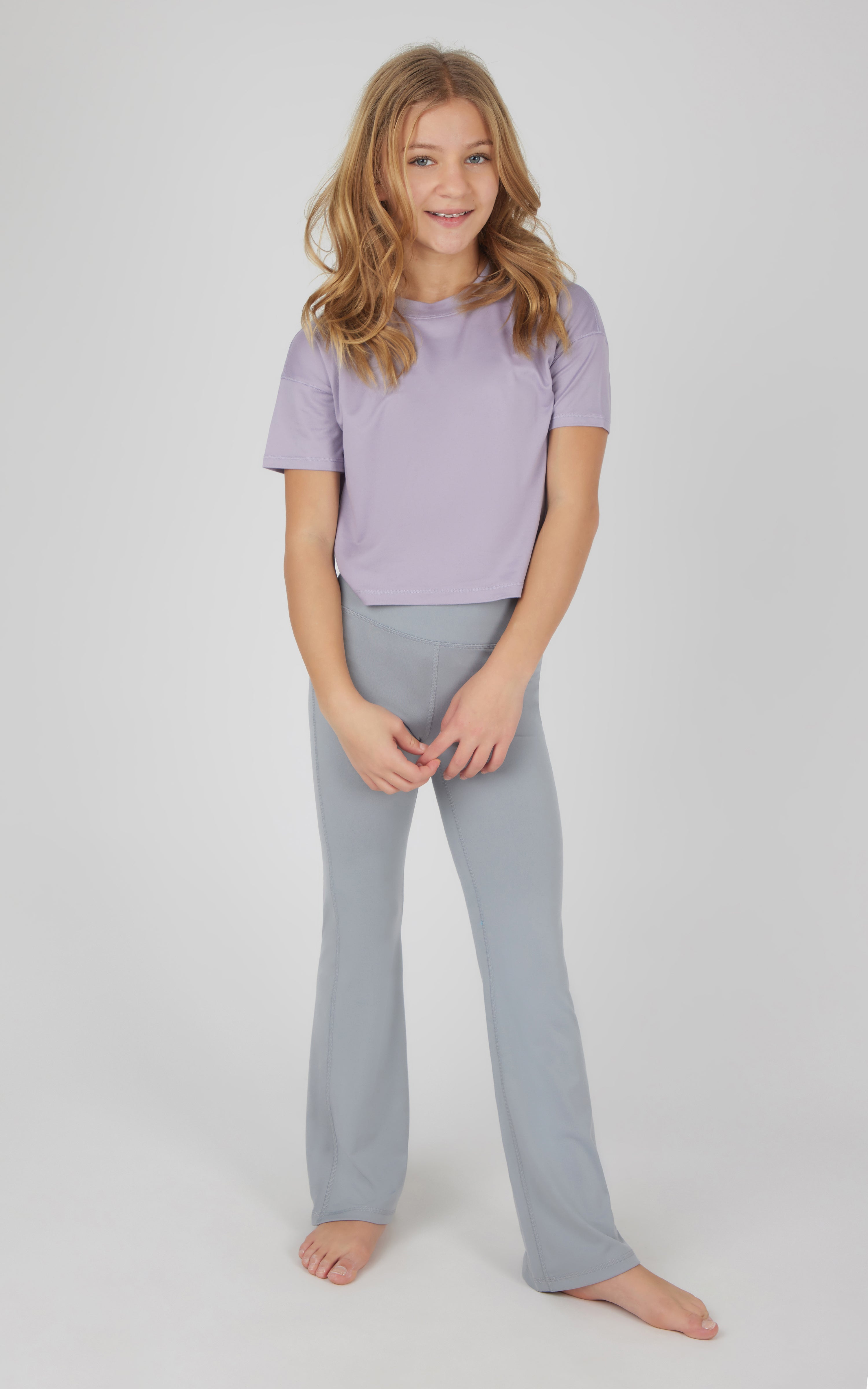Girls 3 PC Short Sleeve Tee + Interlock Crossover Short + Flared Leg Pant Set