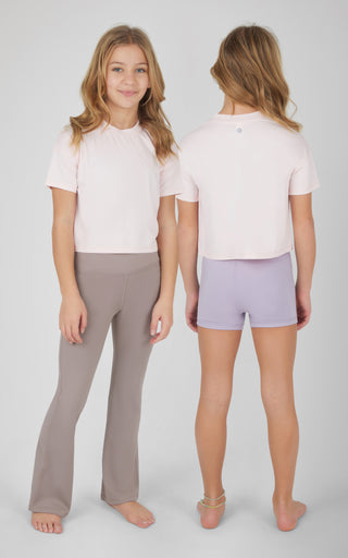 Girls 3 PC Short Sleeve Tee + Interlock Crossover Short + Flared Leg Pant Set