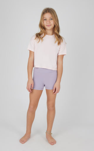 Girls 3 PC Short Sleeve Tee + Interlock Crossover Short + Flared Leg Pant Set
