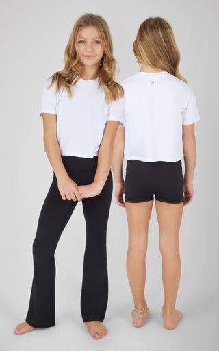 Girls 3 PC Short Sleeve Tee + Interlock Crossover Short + Flared Leg Pant Set