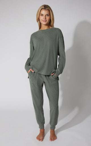 2 PC Marled Pique Oversized Crew Neck Sweatshirt and Slim Fit Jogger Set