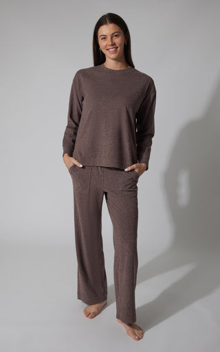 2 PC Marled Pique Oversized Crew Neck Sweatshirt and  Wide Leg Pant Set
