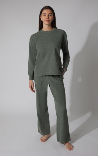 2 PC Marled Pique Oversized Crew Neck Sweatshirt and  Wide Leg Pant Set