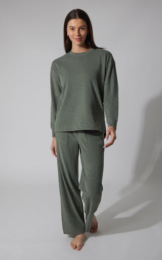 2 PC Marled Pique Oversized Crew Neck Sweatshirt and  Wide Leg Pant Set