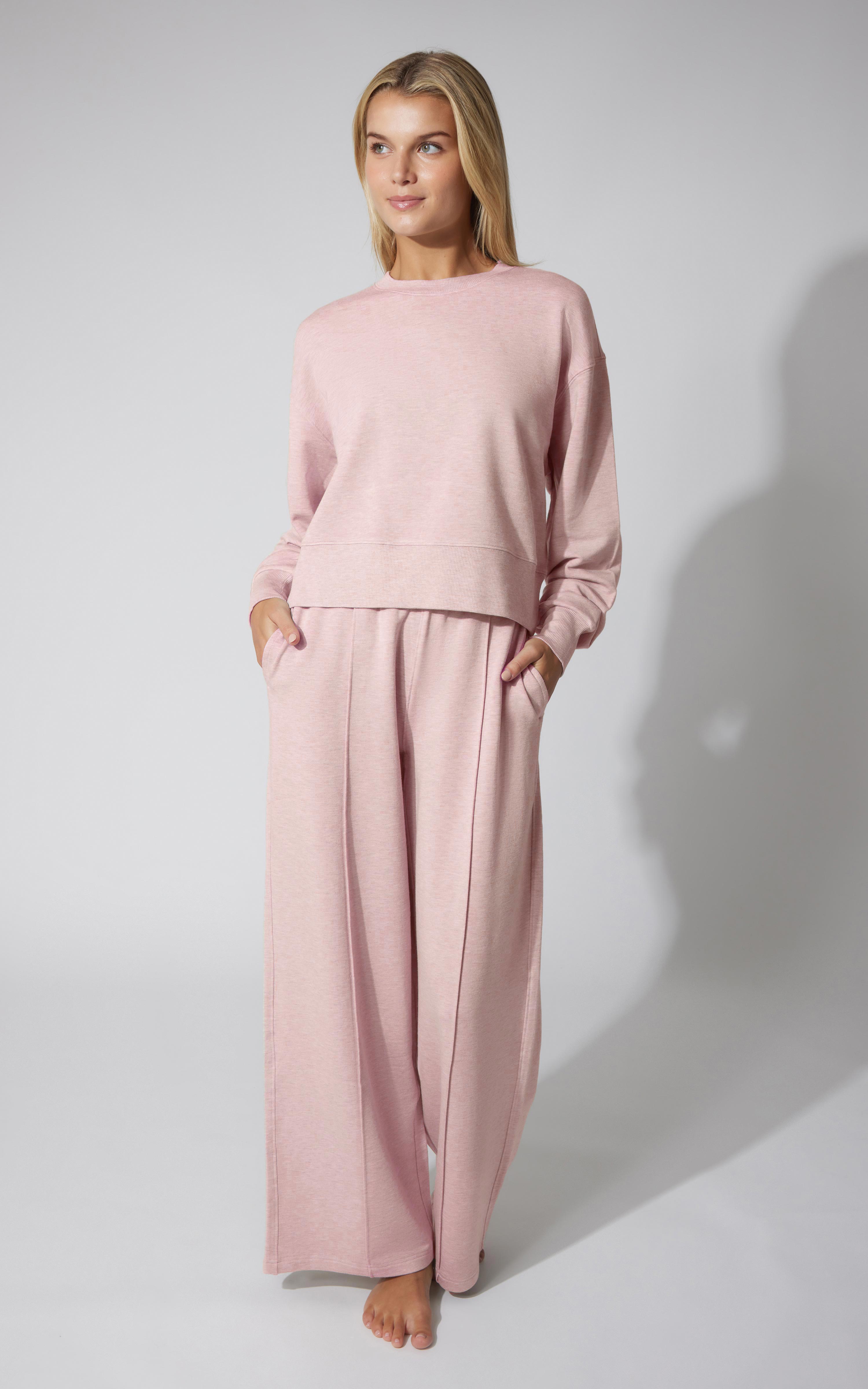 2 PC Terry Fleece Crew Pullover and Pintuck Wide Leg Pant