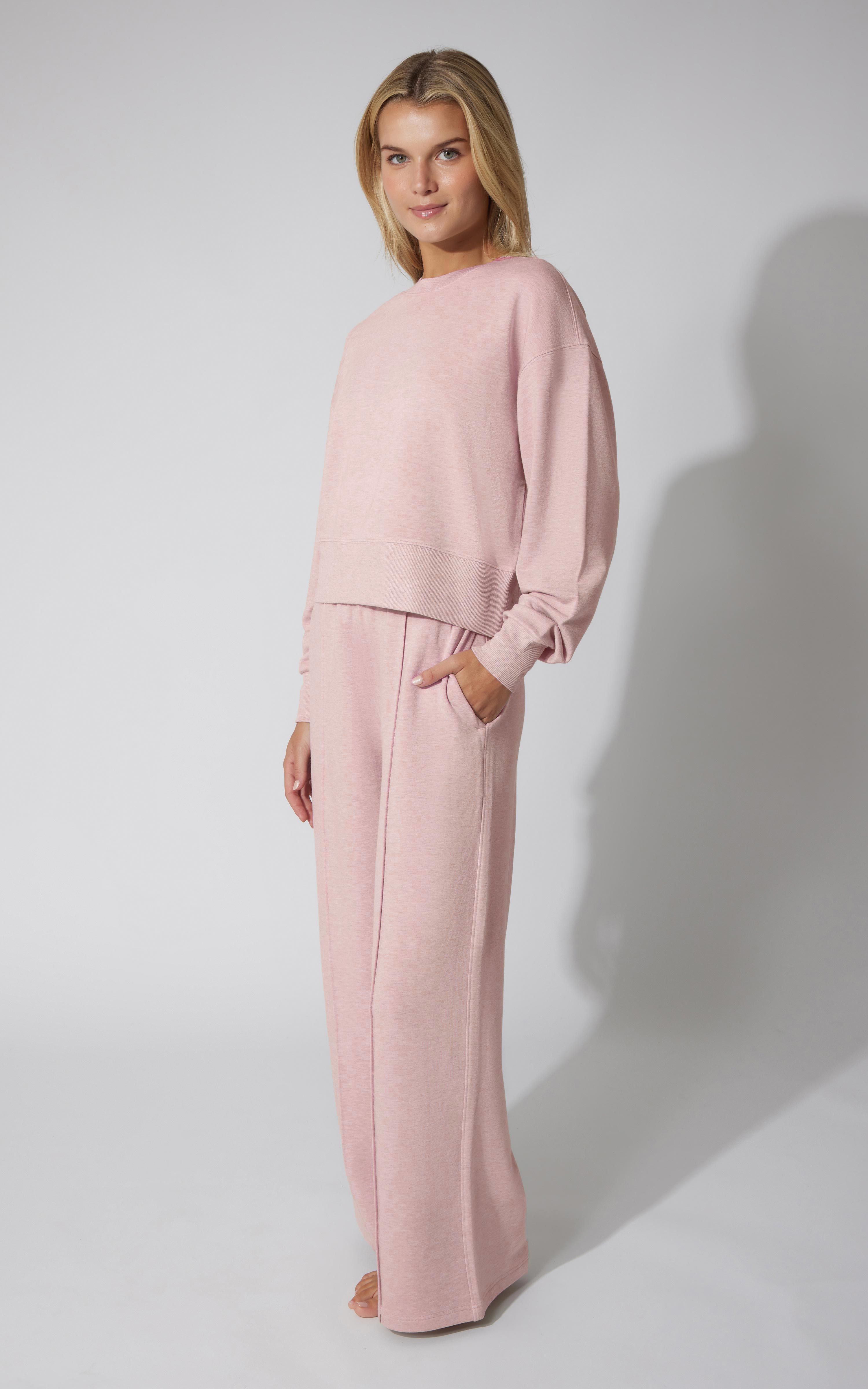 2 PC Terry Fleece Crew Pullover and Pintuck Wide Leg Pant