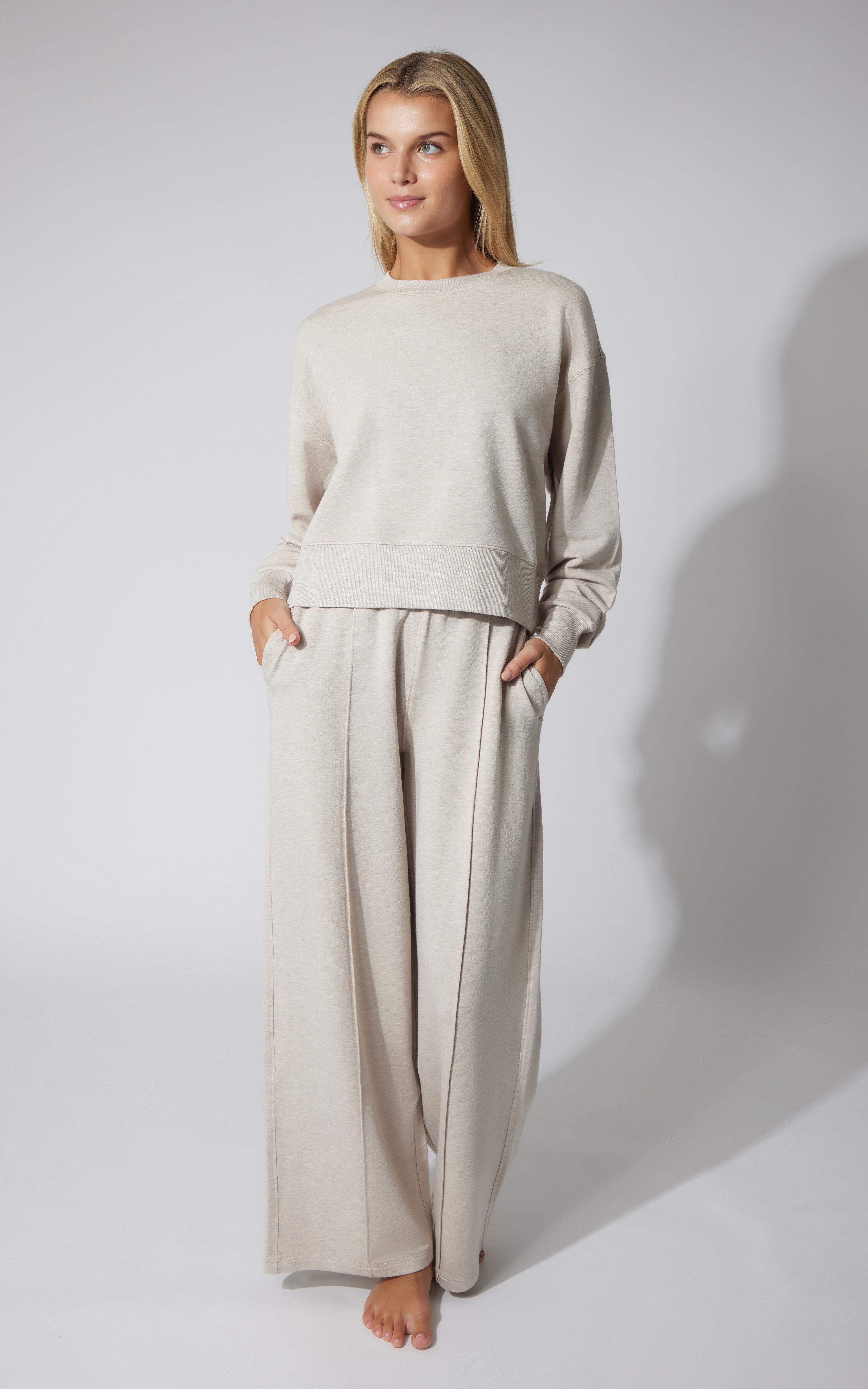 2 PC Terry Fleece Crew Pullover and Pintuck Wide Leg Pant