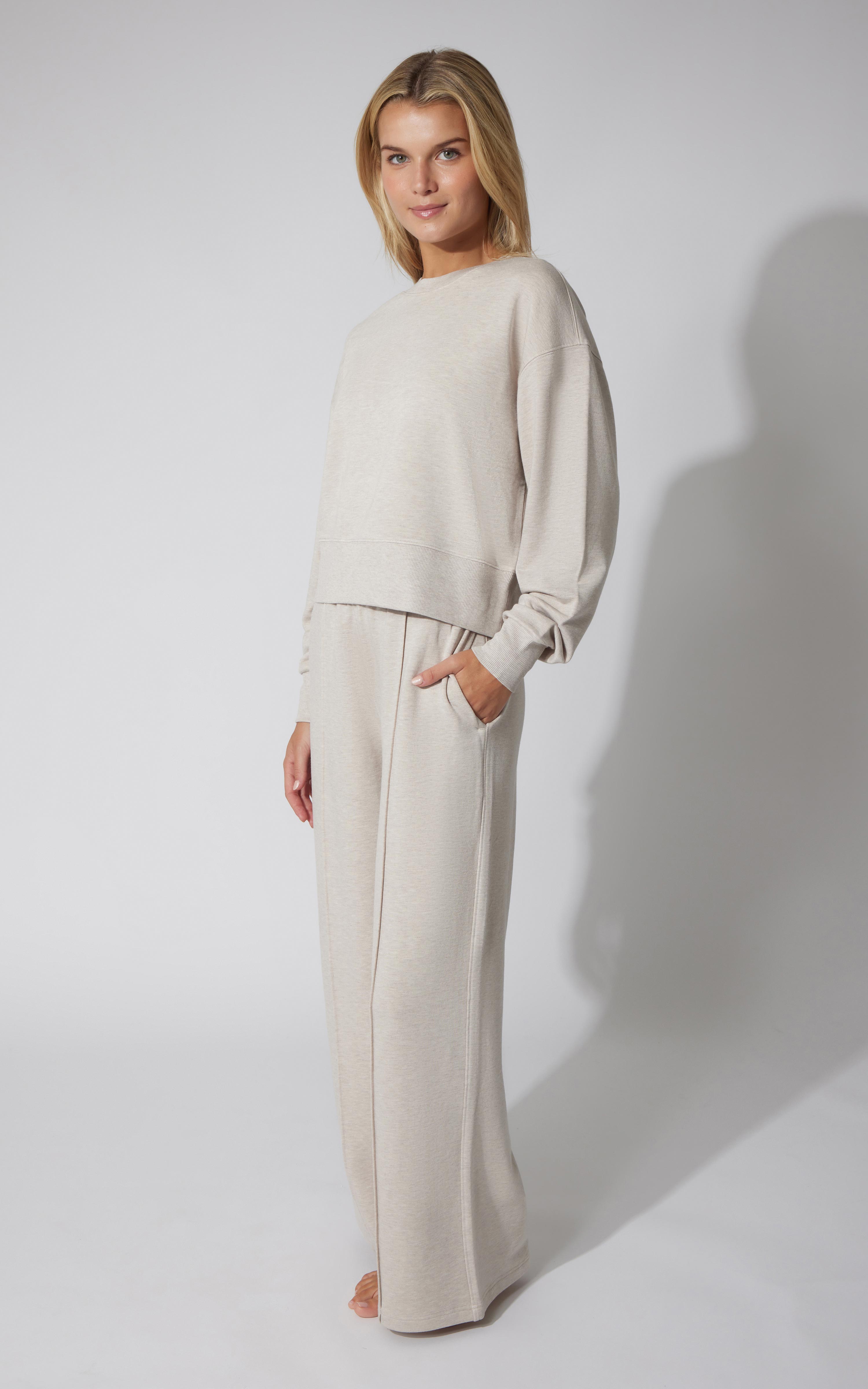 2 PC Terry Fleece Crew Pullover and Pintuck Wide Leg Pant