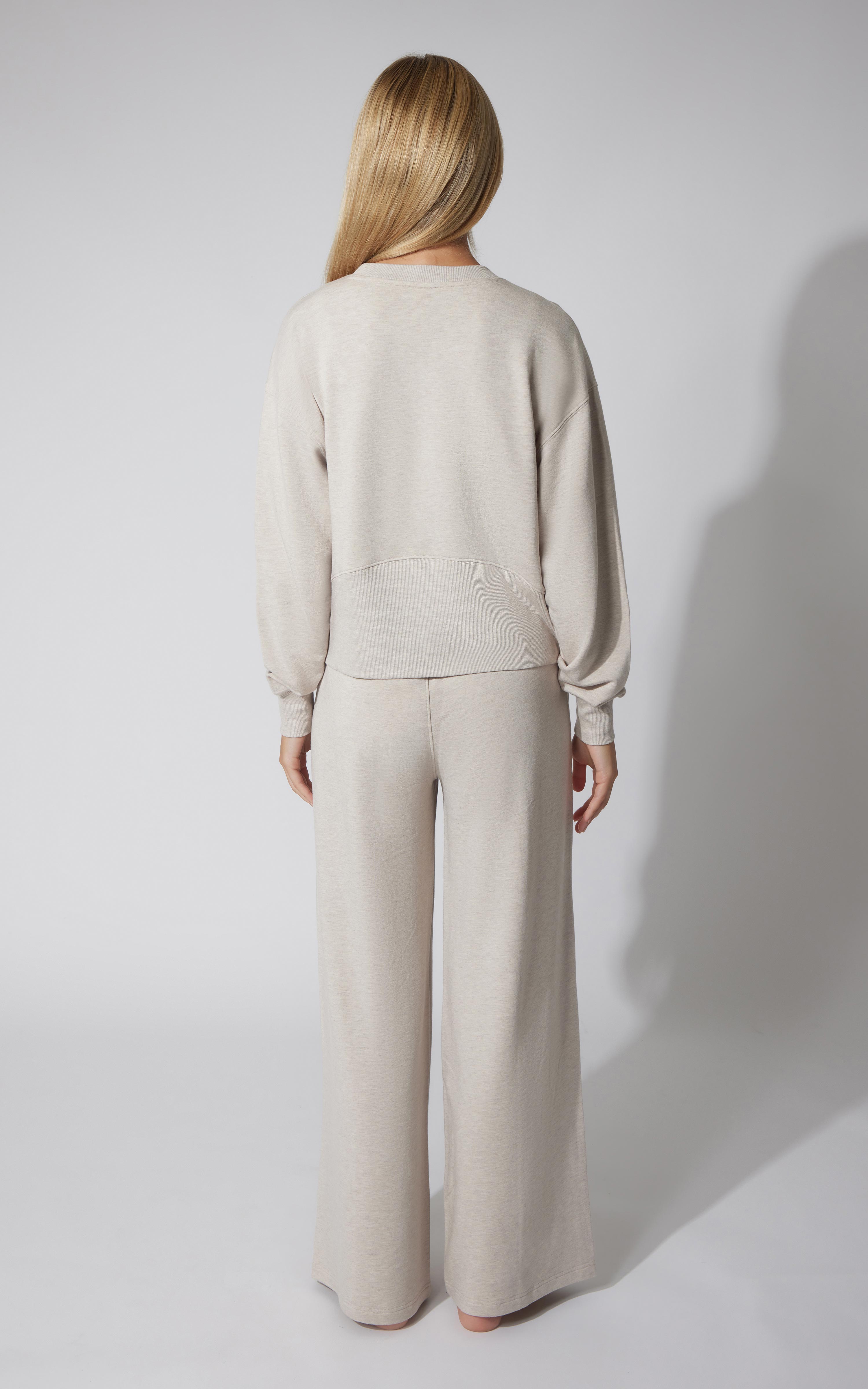 2 PC Terry Fleece Crew Pullover and Pintuck Wide Leg Pant