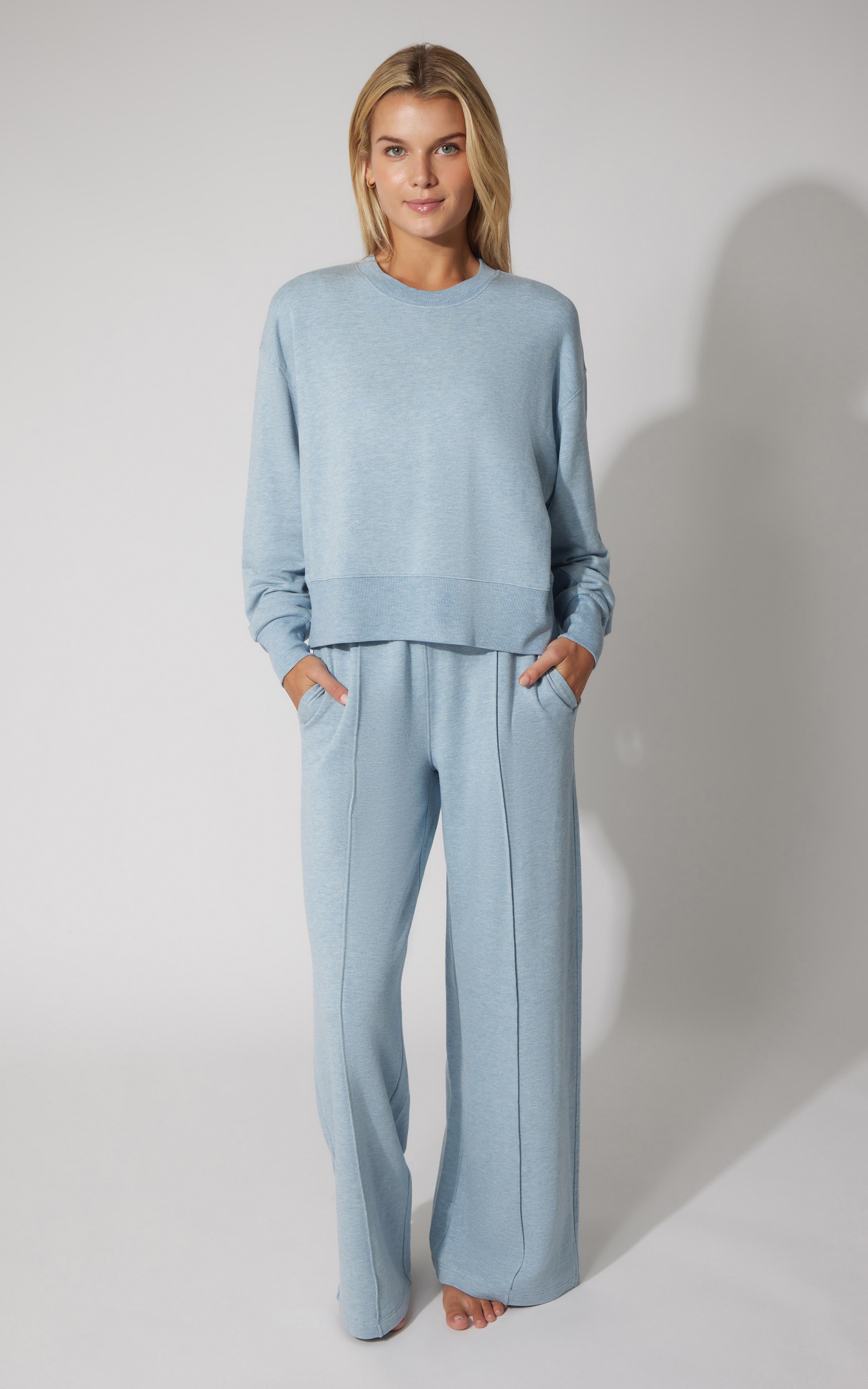 2 PC Terry Fleece Crew Pullover and Pintuck Wide Leg Pant