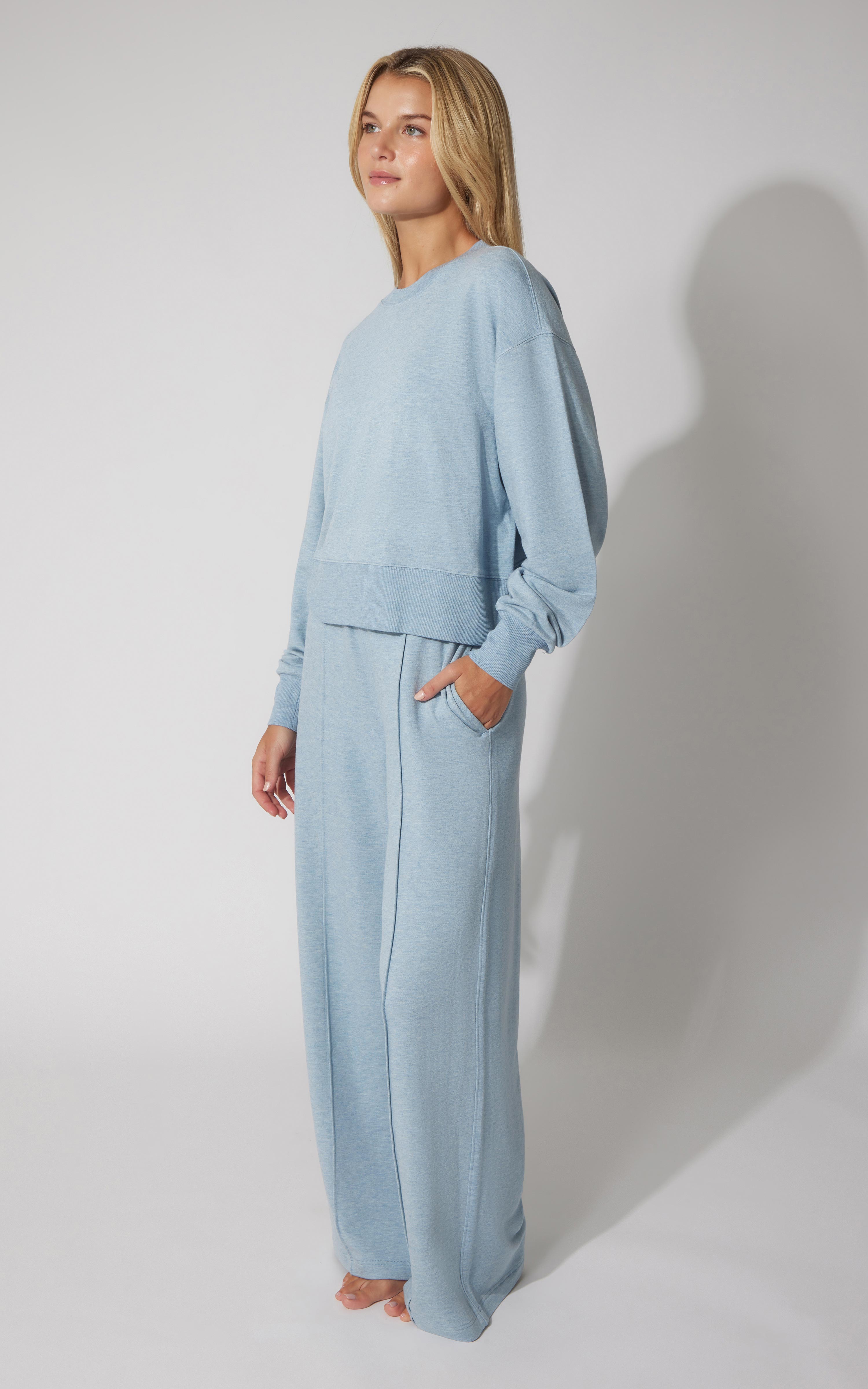 2 PC Terry Fleece Crew Pullover and Pintuck Wide Leg Pant