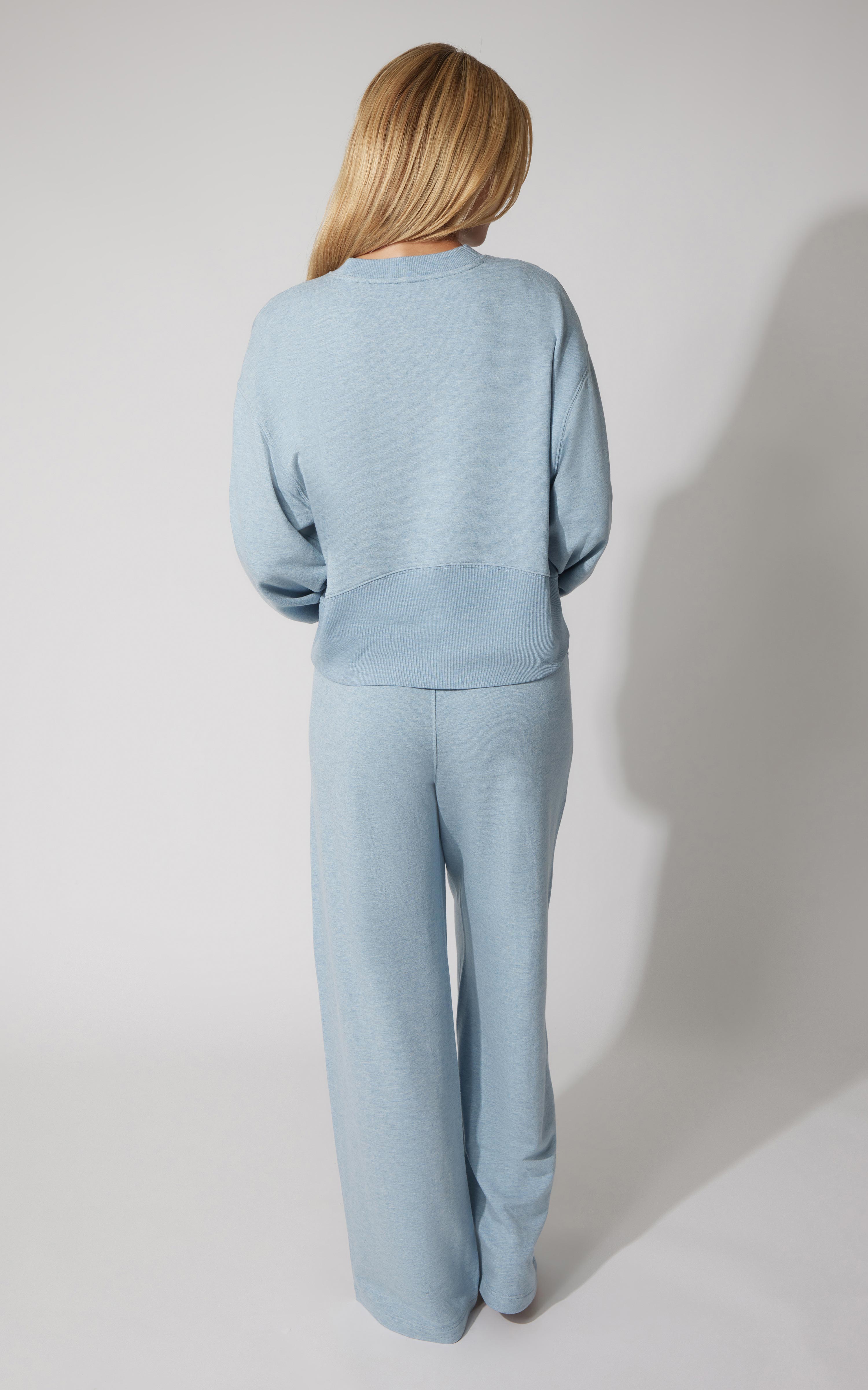 2 PC Terry Fleece Crew Pullover and Pintuck Wide Leg Pant