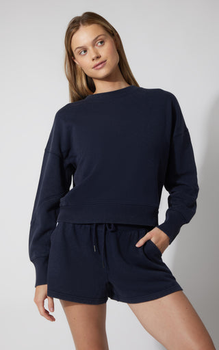 3 PC Washed Loop Terry Crew Neck Long Sleeve + High Waist Short + Sock Set