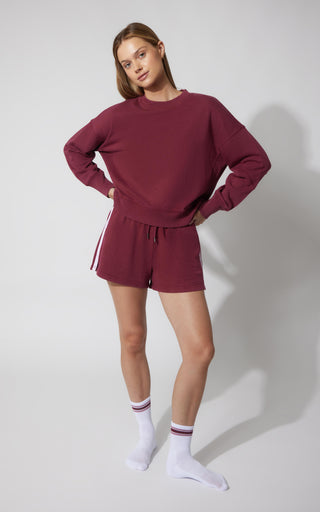 3 PC Washed Loop Terry Crew Neck Long Sleeve + High Waist Short + Sock Set