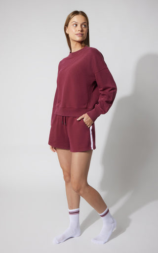 3 PC Washed Loop Terry Crew Neck Long Sleeve + High Waist Short + Sock Set