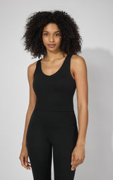 Black fitted tank top with built-in support bra, scoop neckline, and wide straps.