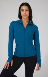Teal full zip runner jacket with thumb holes on long sleeves, slim fit design.