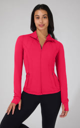 Women's vibrant cherry bomb full zip runner jacket with thumbholes and fitted silhouette.