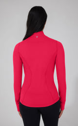 Women's fitted full zip runner jacket in bright cherry bomb red with long sleeves and high collar, back view.