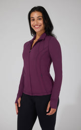 Women's plum violet full zip runner jacket with thumb holes and fitted silhouette.