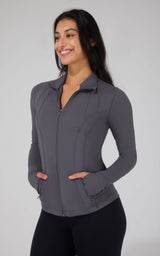 Women's full zip runner jacket in heather charcoal with front pockets and fitted silhouette.