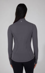 Women's full-zip runner jacket in heather charcoal with long sleeves and fitted silhouette from the back.