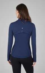 Dark navy full zip runner jacket with reflective detail and thumbholes on sleeves.