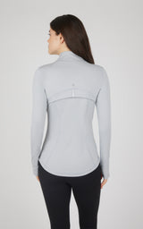 Light gray full zip runner jacket with high collar and long sleeves, slim fit.