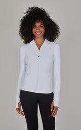 White full-zip runner jacket with thumb holes and fitted silhouette on female model.