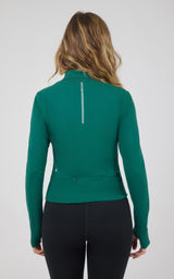 Women's fitted full-zip jacket in deep green with long sleeves and subtle seam detailing.