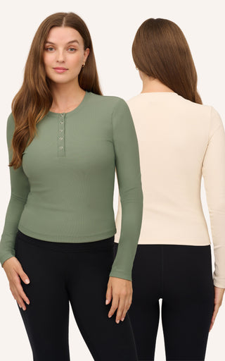 Ribbed Henley & Ribbed Long Sleeve Crew Neck Top -2 Pack