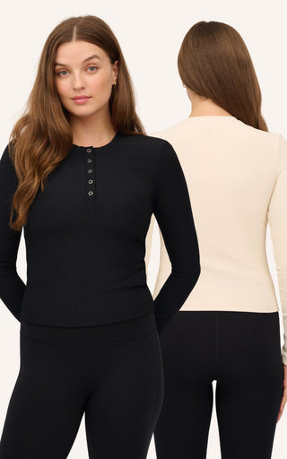 Ribbed Henley & Ribbed Long Sleeve Crew Neck Top -2 Pack