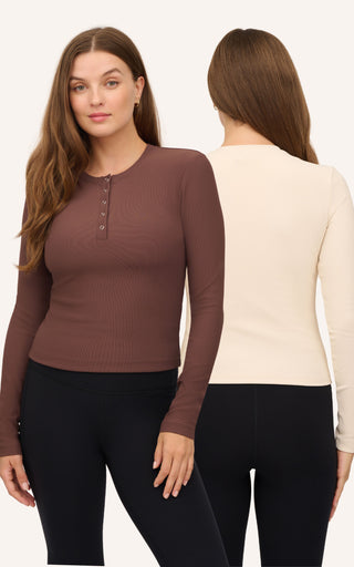 Ribbed Henley & Ribbed Long Sleeve Crew Neck Top -2 Pack