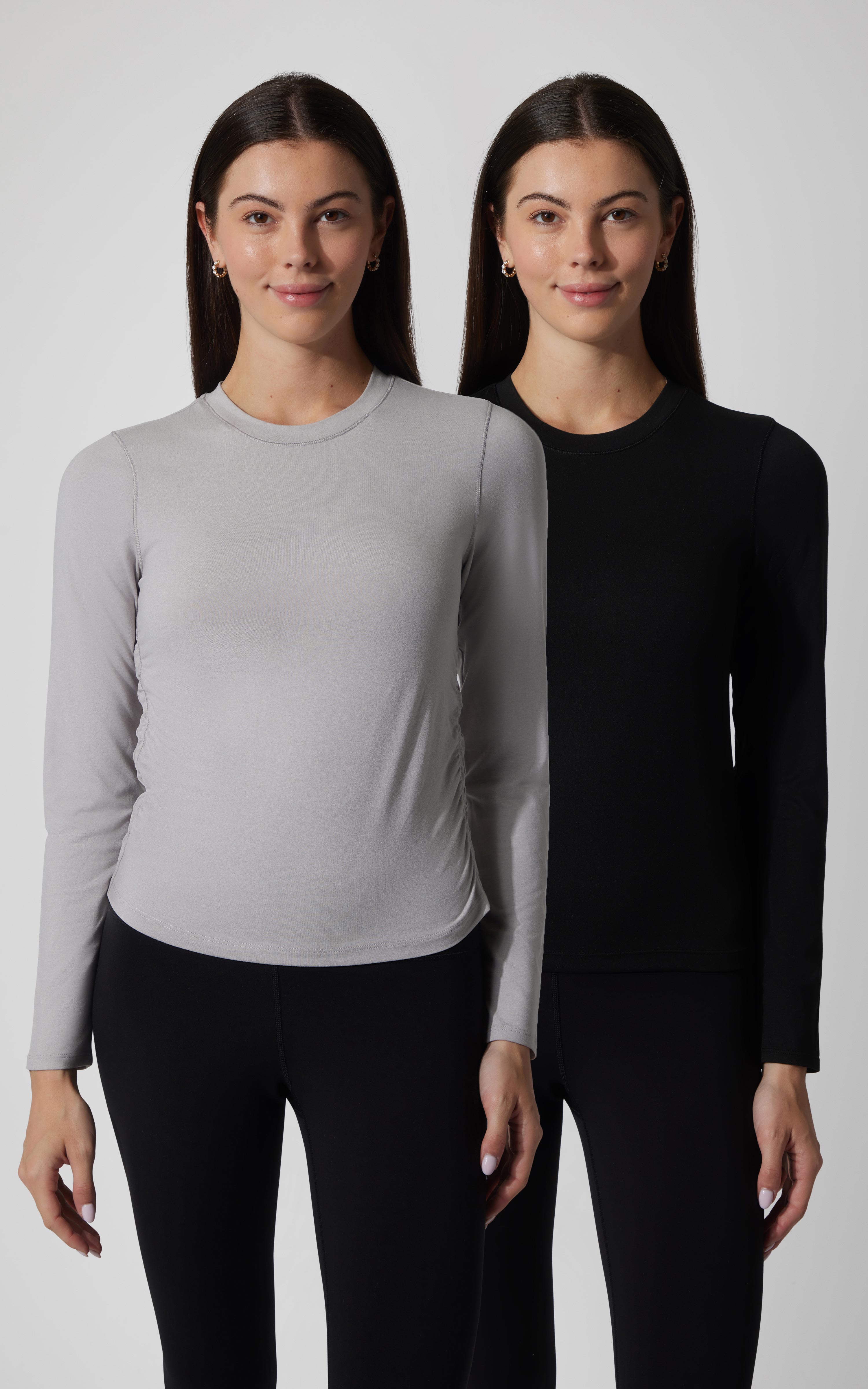 2 PK Cationic Jersey Crew Neck Long Sleeve Top with Side Ruching and Everyday Crew Neck Long Sleeve Top