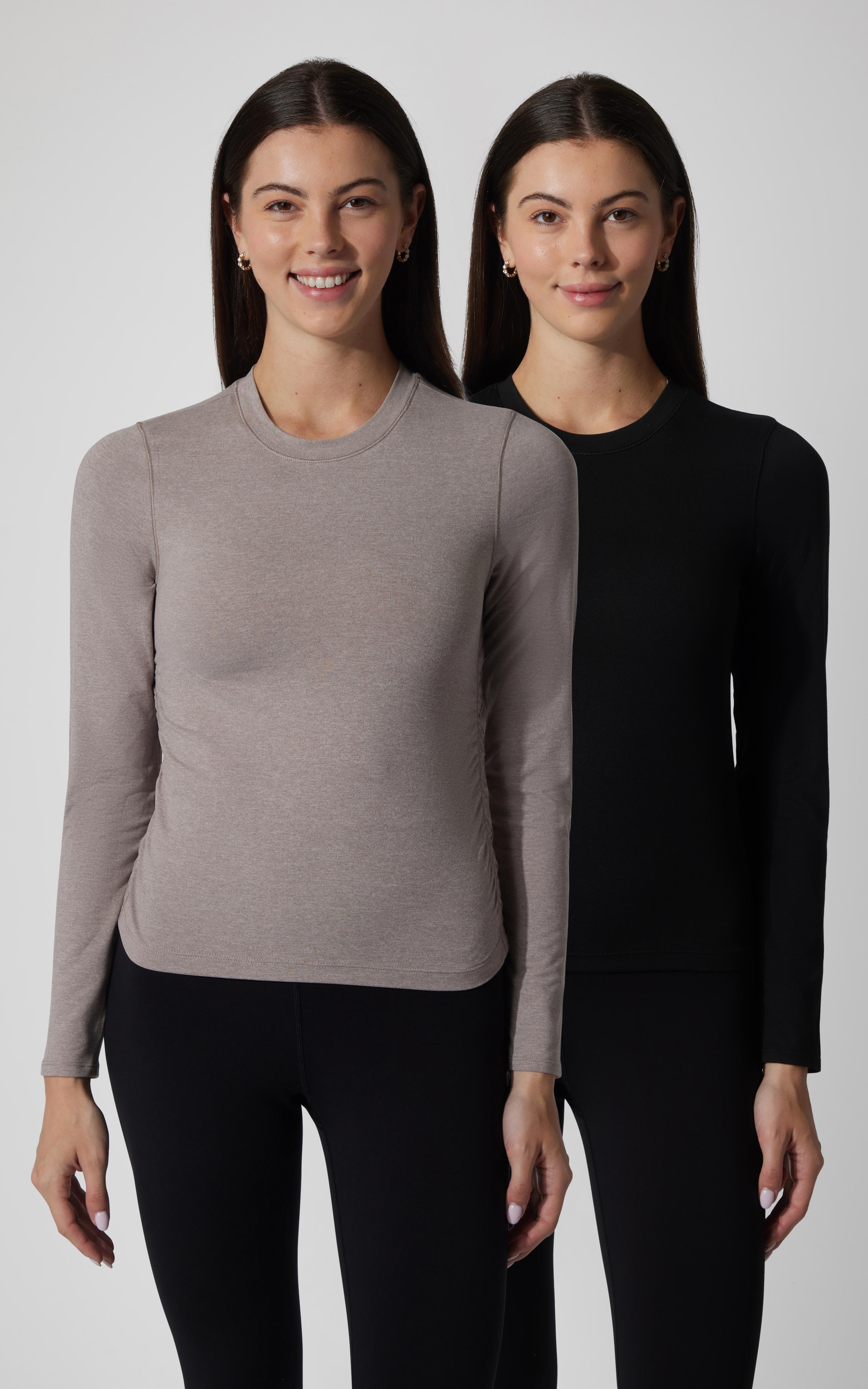 2 PK Cationic Jersey Crew Neck Long Sleeve Top with Side Ruching and Everyday Crew Neck Long Sleeve Top