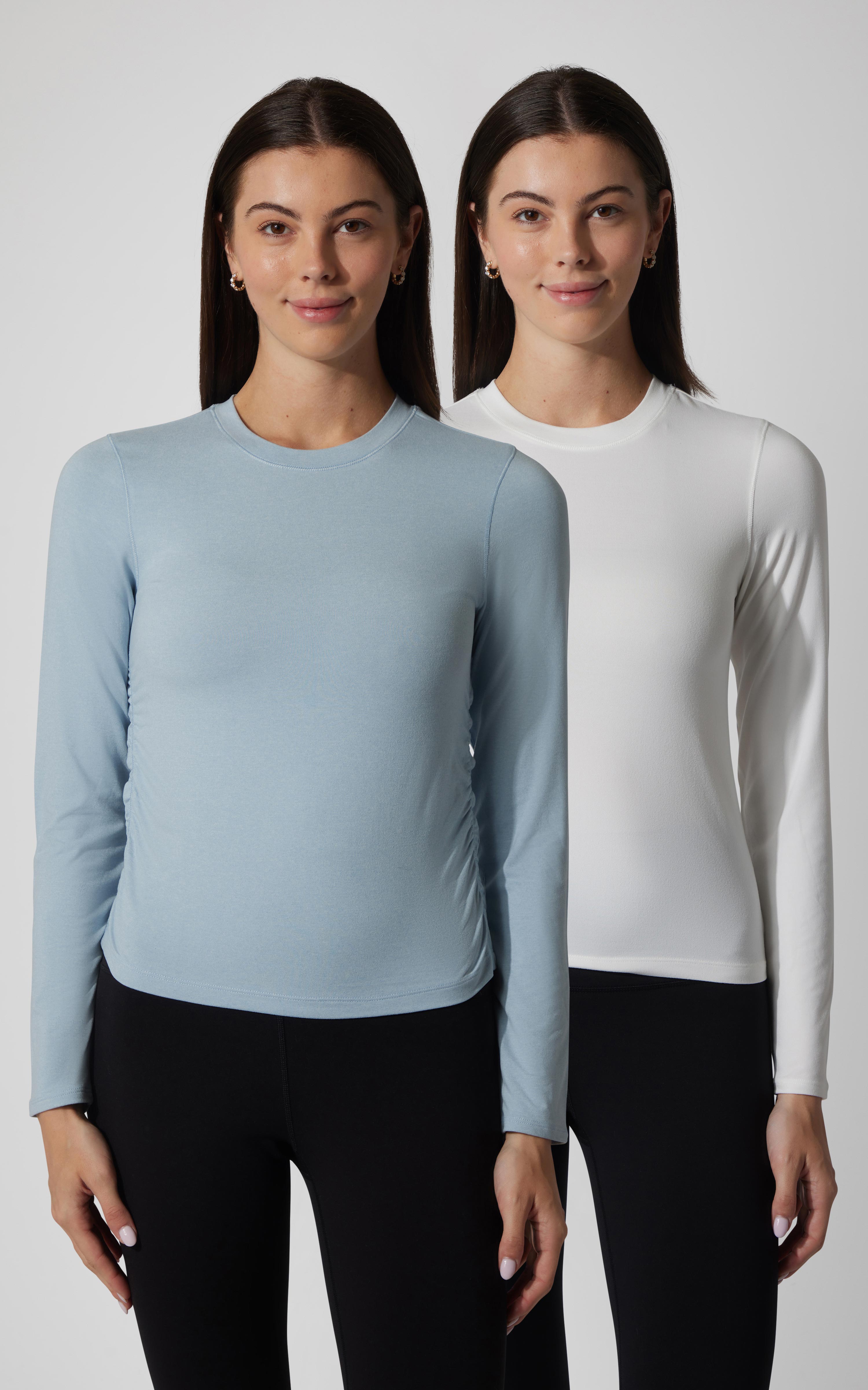 2 PK Cationic Jersey Crew Neck Long Sleeve Top with Side Ruching and Everyday Crew Neck Long Sleeve Top