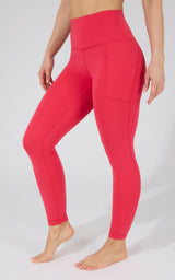 High waist cherry red fleece-lined leggings with side pockets and smooth waistband.