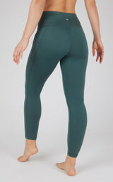 Dark green high waist fleece-lined leggings with side pockets, fitted silhouette.