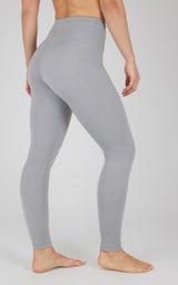 Heather grey high-waist Power Flex leggings with a smooth, tight fit and no pockets.
