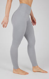 Heather grey high-waist seamless leggings with contouring side seams.