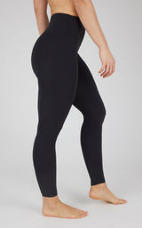 Black full-length high-rise leggings with a smooth, fitted silhouette on a standing model.
