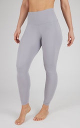 Light gray full-length high-waisted leggings with smooth, seamless design.