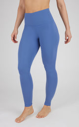 Full-length blue leggings with high waistband and smooth, seamless design.