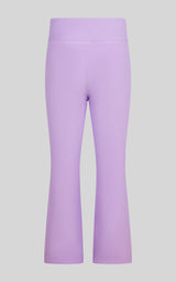 Girls' ribbed lilac flared leg pants with wide waistband, soft stretchy fabric.