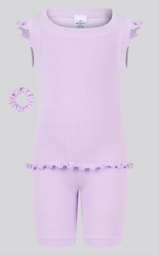 4-6X 3PC Ruffle Tank + Biker Short + Scrunchie Set